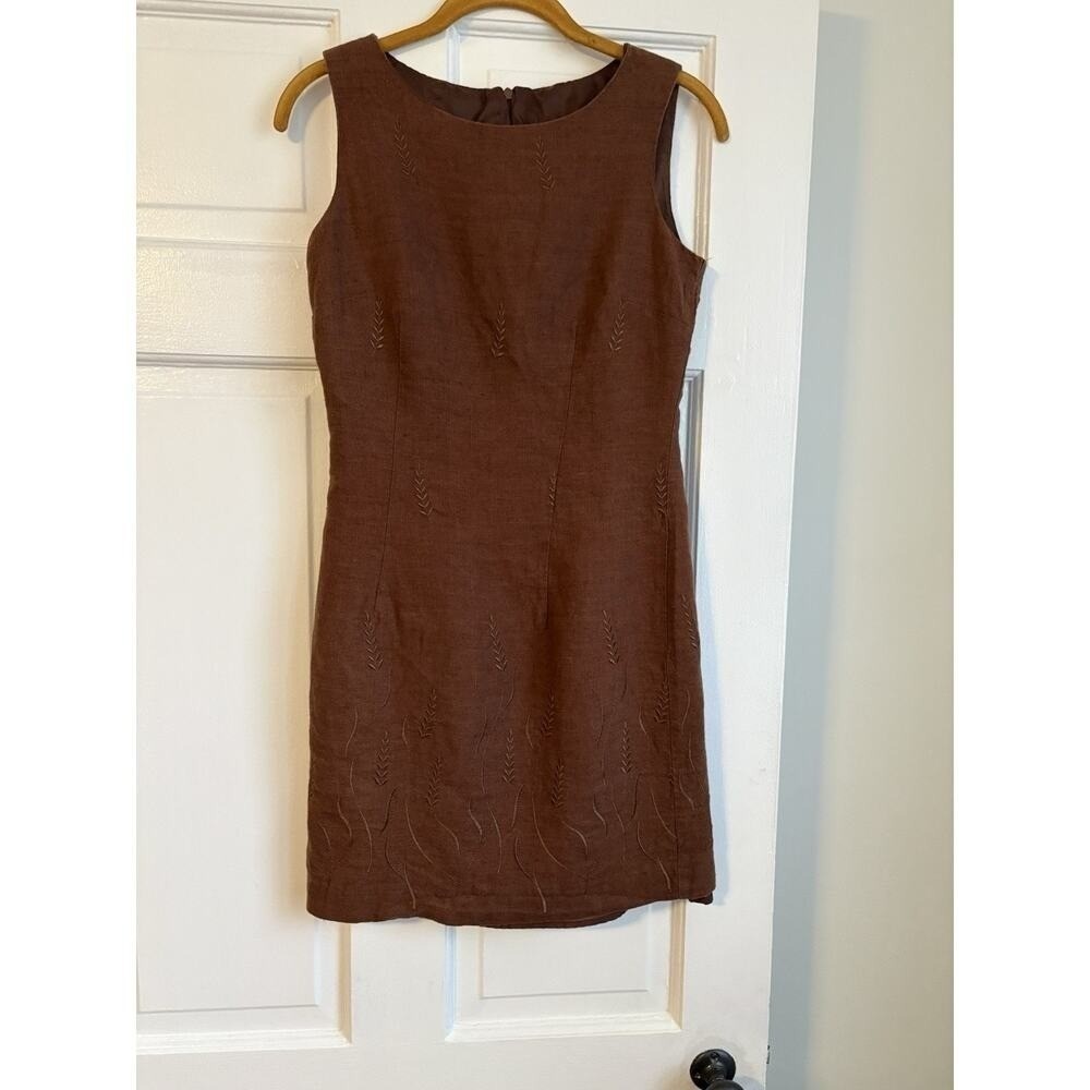 John Roberts Petite Brown Linen Embroidered Wheat Shift Dress Sleeveless 4P